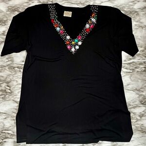 Vintage 80s Bejeweled Black V Neck Tunic Top Dress Le Maglie Di Nives One Size